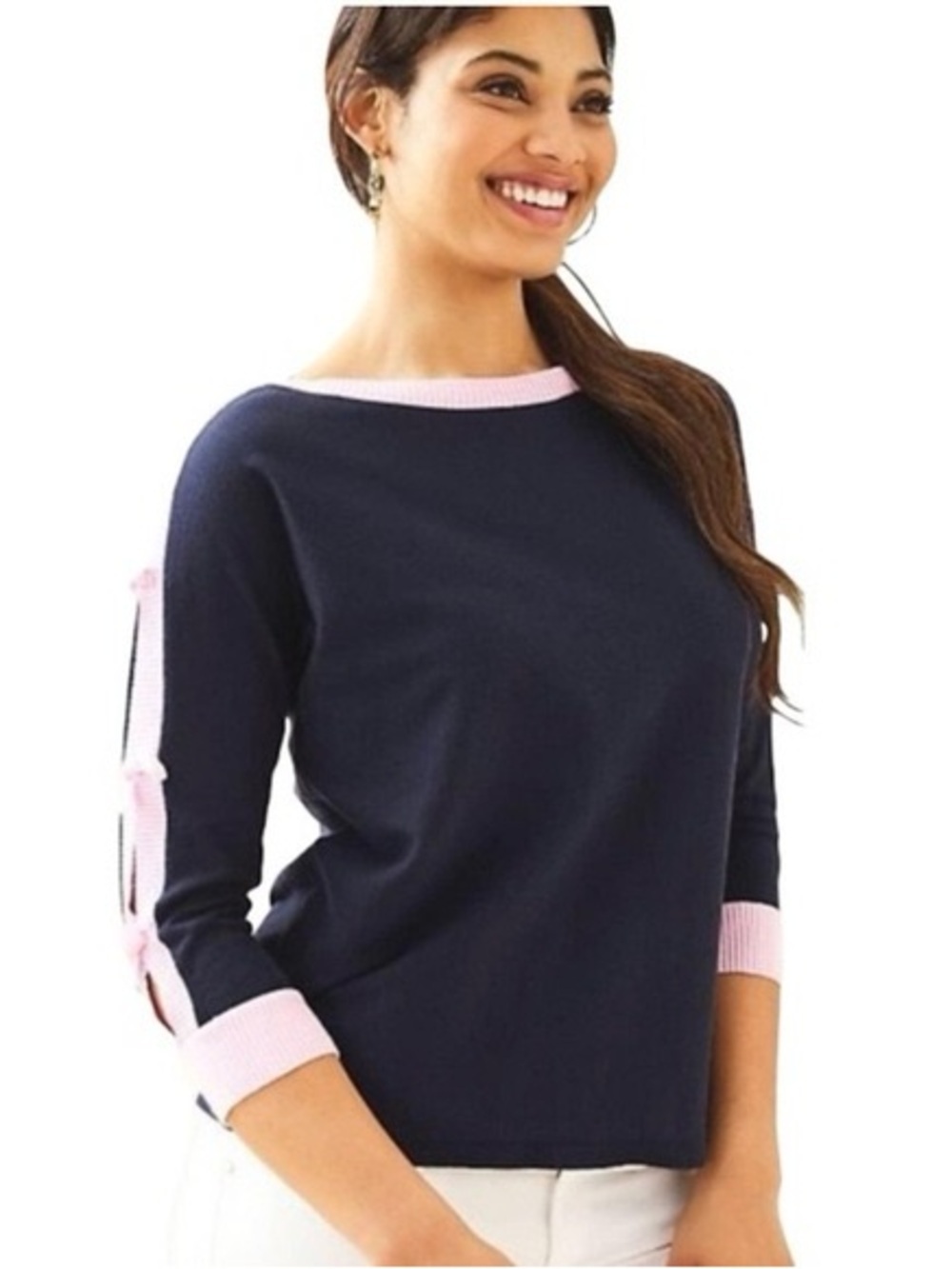 # Lilly Pulitzer XL Navy Larabee Sweater with Pink Ribbed Trim